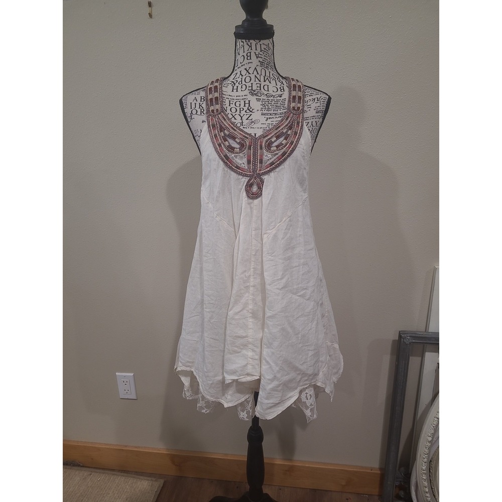 Free People Boho festival women SZ S flowy Cream Mini Dress Lace lining detail